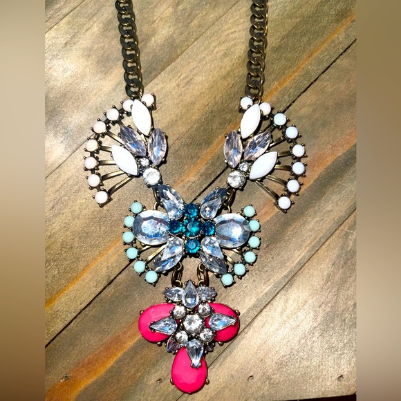 Artisan Jewelry - Multi Color Mixed Gemstone Stone Crystal Floral Statement Necklace